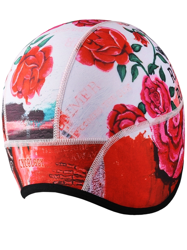 Colorful cycling beanie with red floral design and 'Ride' text on a white background