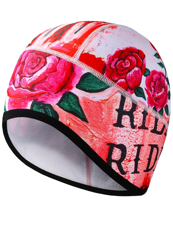 Colorful cycling beanie with red floral design and 'Ride' text on a white background