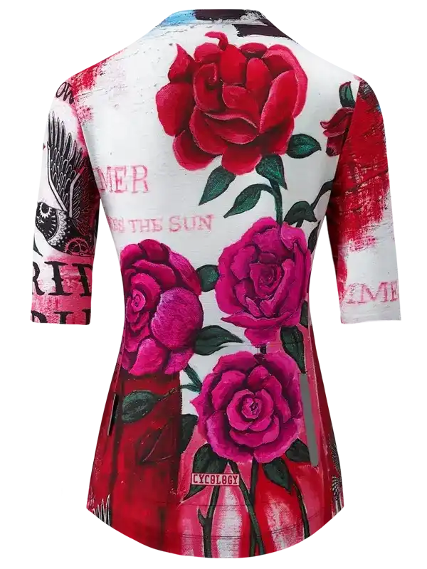 Women's cycling jersey with vibrant red and pink rose print, artistic design, 3/4 sleeves