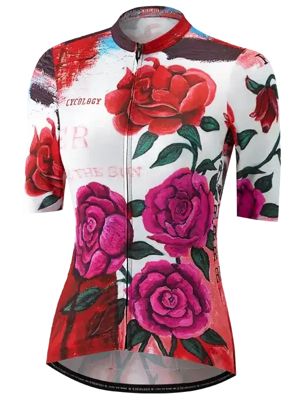 Women's cycling jersey with vibrant red and pink rose print, short sleeves, full zip front