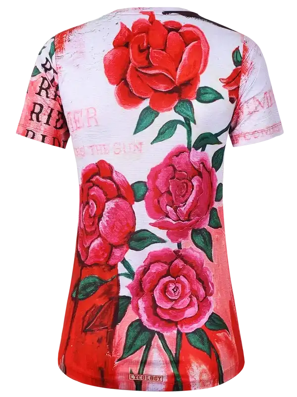 Women's cycling jersey with vibrant red rose print and artistic lettering, designed for comfort and style on rides.