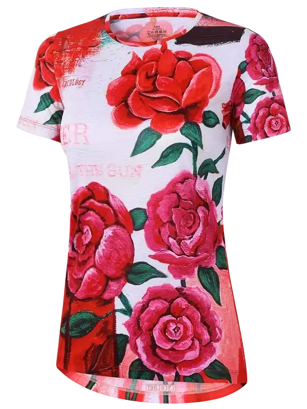 Women's cycling jersey with vibrant red rose print, short sleeves, and artistic floral design for active wear.