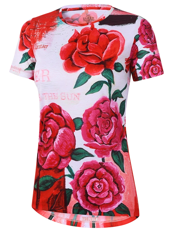 Technical  women's T-shirt with red and pink rose design on a white background