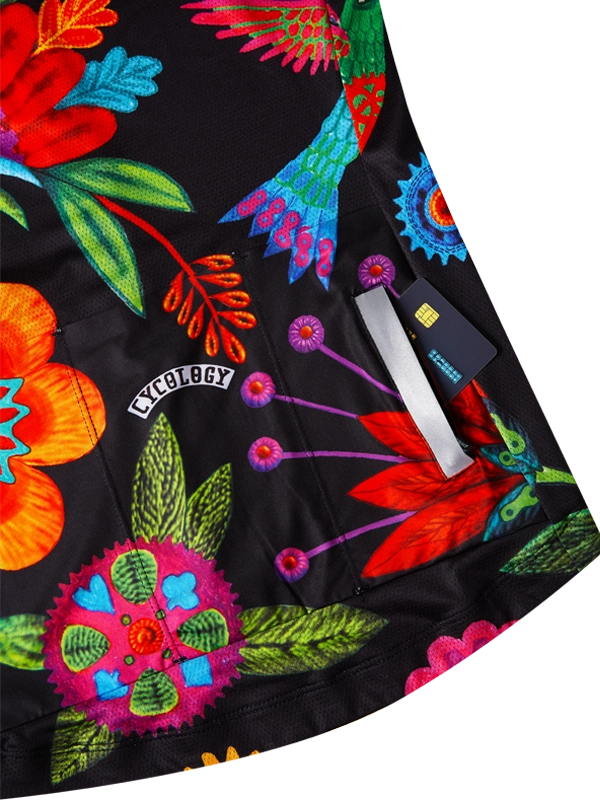 Colorful floral embroidery design  on a black background with a brand tag.