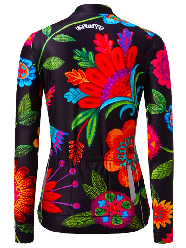 Colorful floral-patterned cycling jersey on a black background