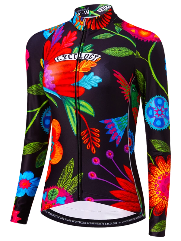 Colorful floral-patterned long sleeve cycling jersey on a black background