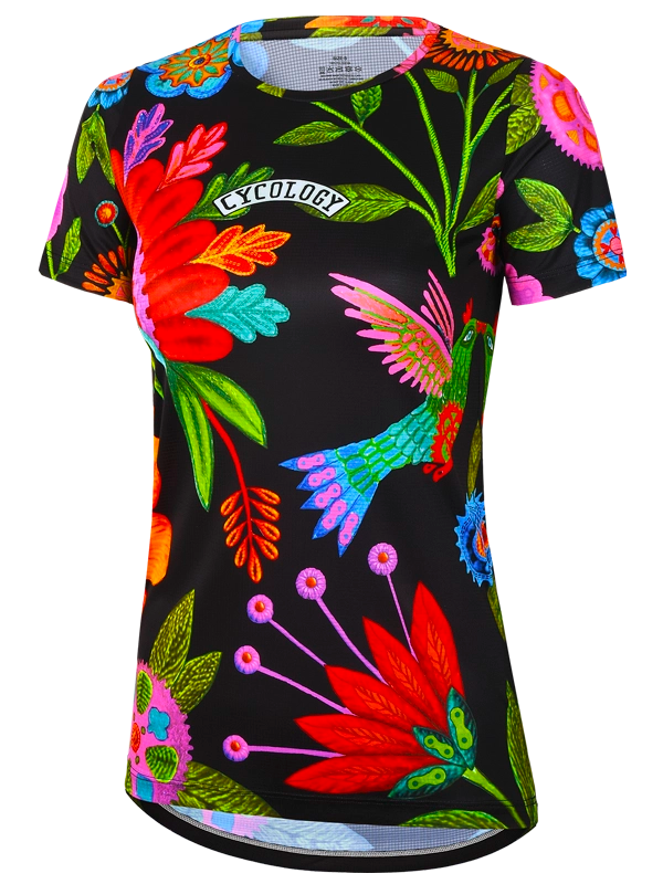 Women's Colorful  tech t-shirt with floral and insect design on a black background