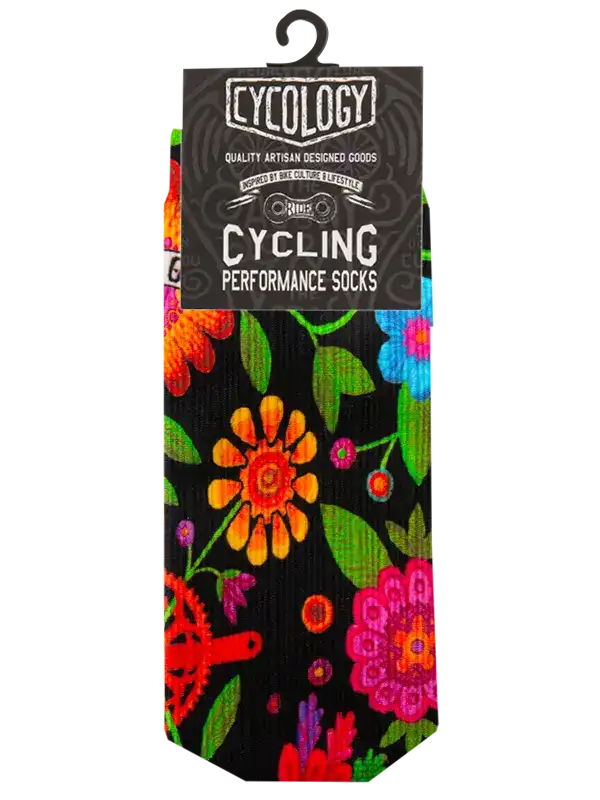 Colorful floral cycling performance socks with bike gear design on black background