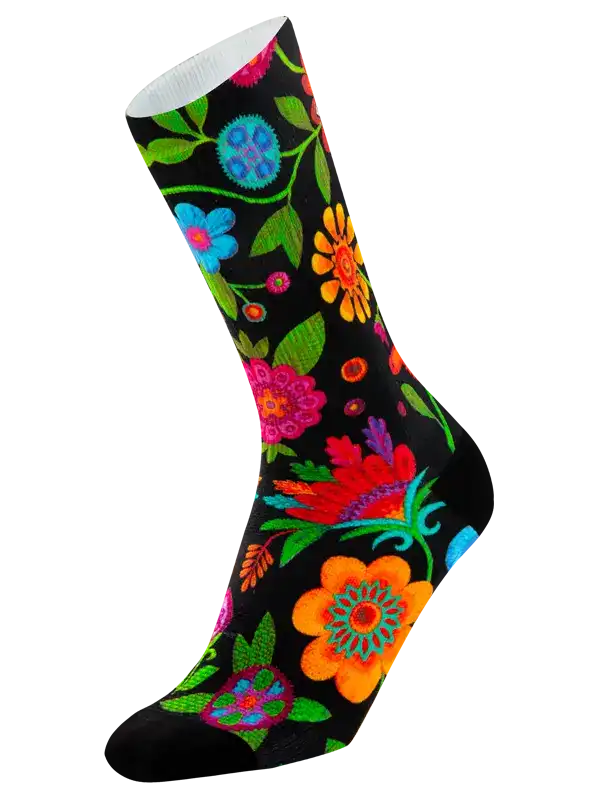 Vibrant floral cycling socks with colorful blooms on black background, perfect for bike rides