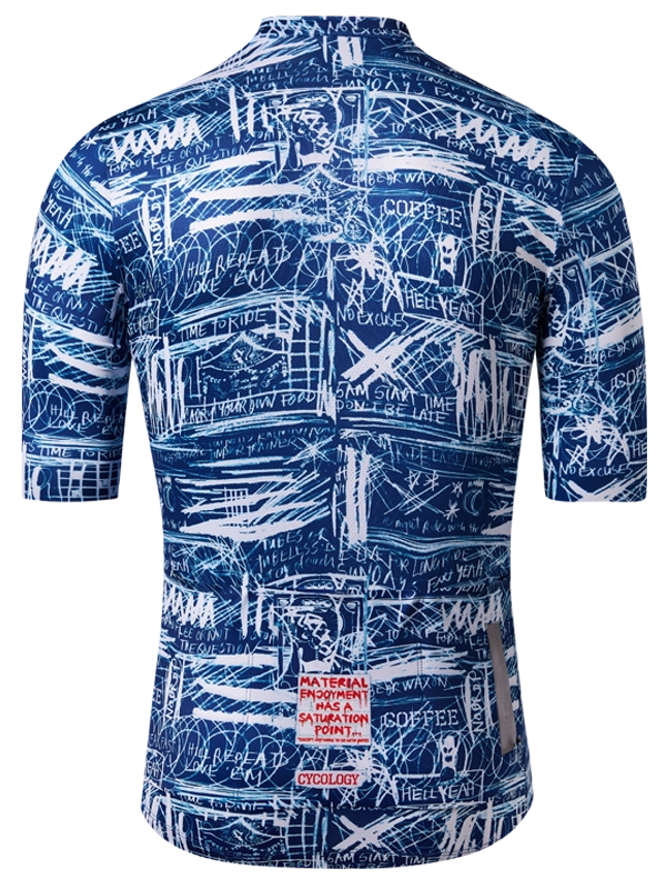 Blue and white patterned cycling jersey with visible Cycology branding