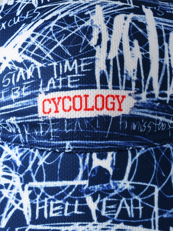 Blue cycling cap with white text and graphics 