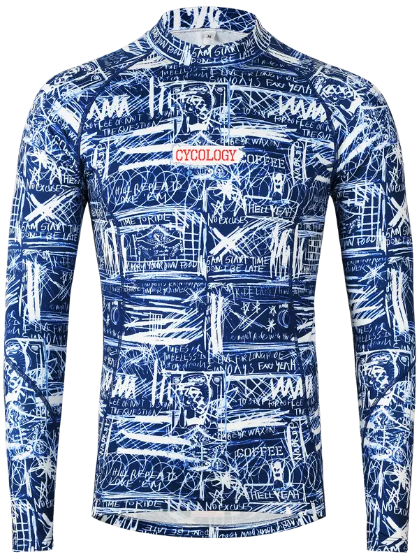 Long-sleeve cycling base layer with blue and white graphic design