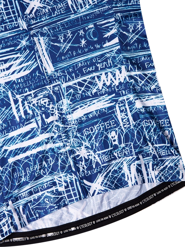 Blue and white patterned cycling jersey with visible Cycology branding