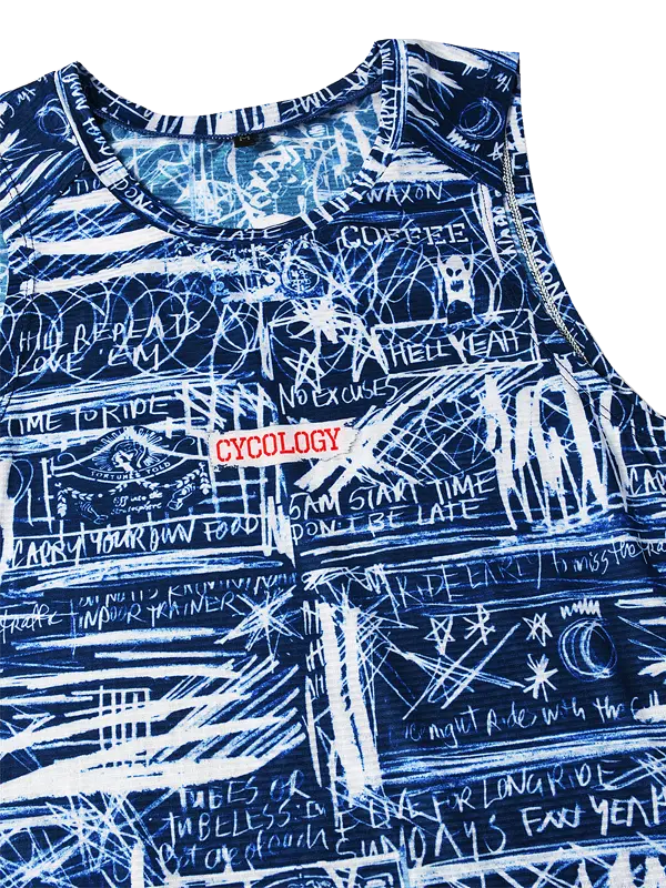 Blue cycling sleeveless base layer  with white text and graphics