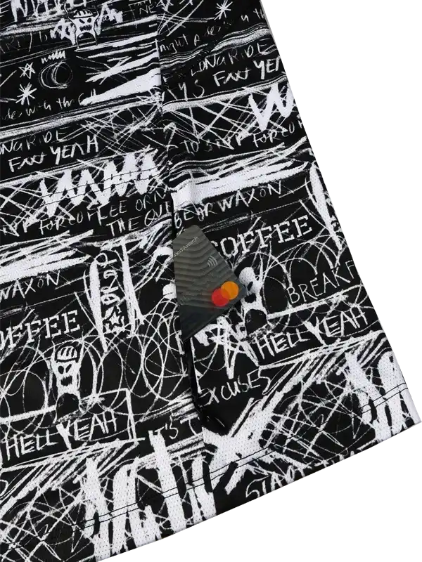 Black and white graffiti-style cycling jersey with bold text print and mesh fabric detail