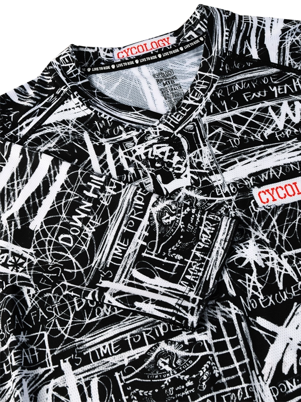 Long-sleeve MTB shirt with black and white graphic design 