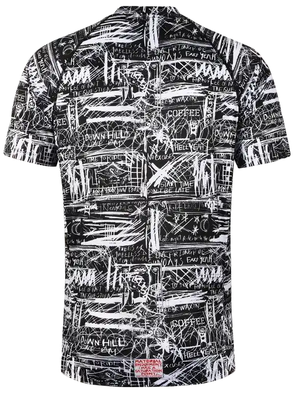 Men's black and white graphic cycling jersey with bold text print, ideal for mountain biking or road rides