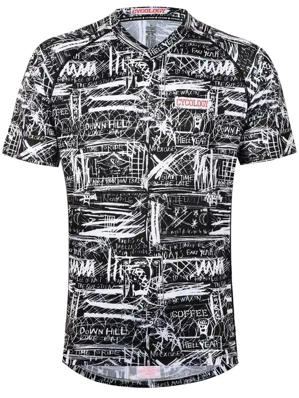 Men's black and white graphic cycling jersey with bold text print, ideal for road or mountain biking
