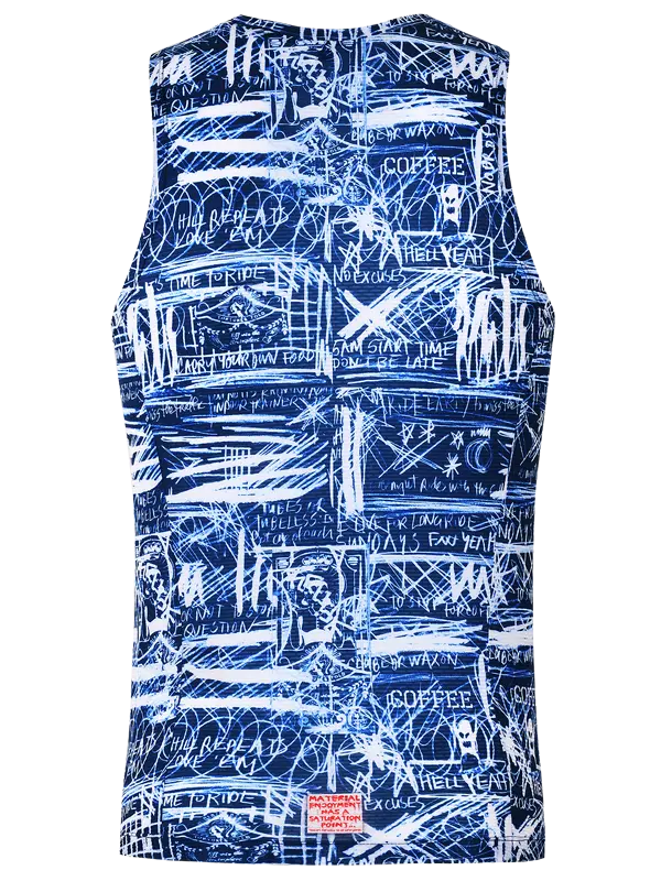 Blue cycling sleeveless base layer  with white text and graphics