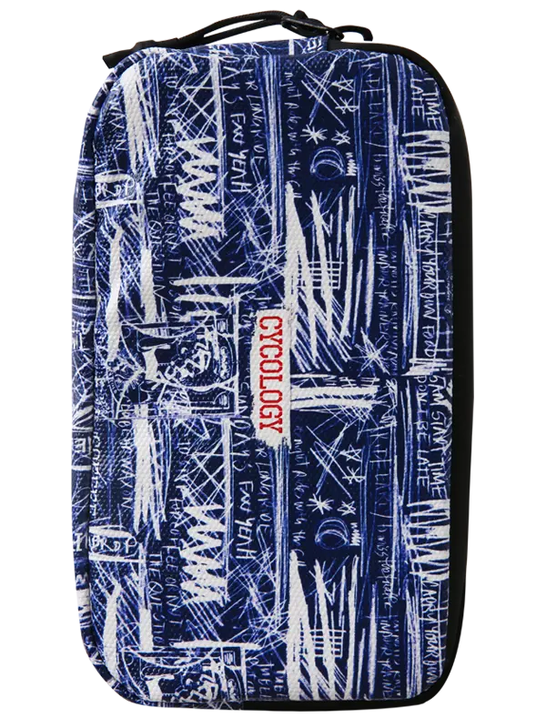 A zippered cycling wallet  featuring a navy blue and white abstract scribble pattern with the word 'CYCOLOGY printed vertically in red on the front.