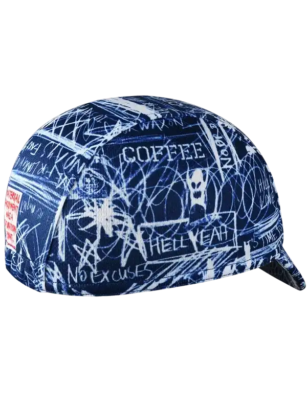 Blue cycling cap with white graffiti-style 'COFFEE' and 'HELL YEAH' text, motivational phrases, skull design