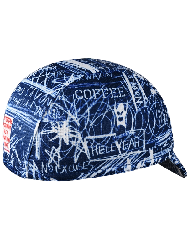 Blue cycling cap with white text and graphics 