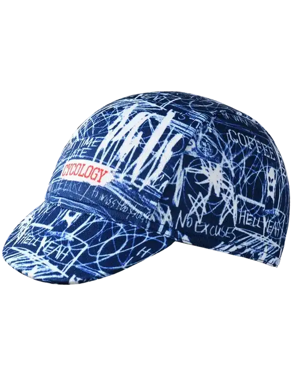 Blue cycling cap with white graffiti-style print and 'Cycology' logo, ideal for bike rides and outdoor adventures.