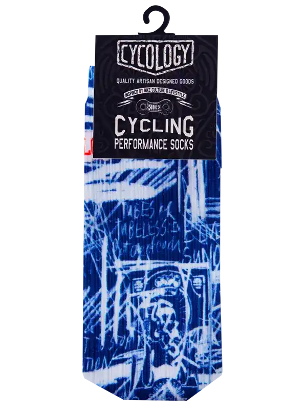 Blue cycling performance socks with graffiti-style print, artisan-designed for bike culture