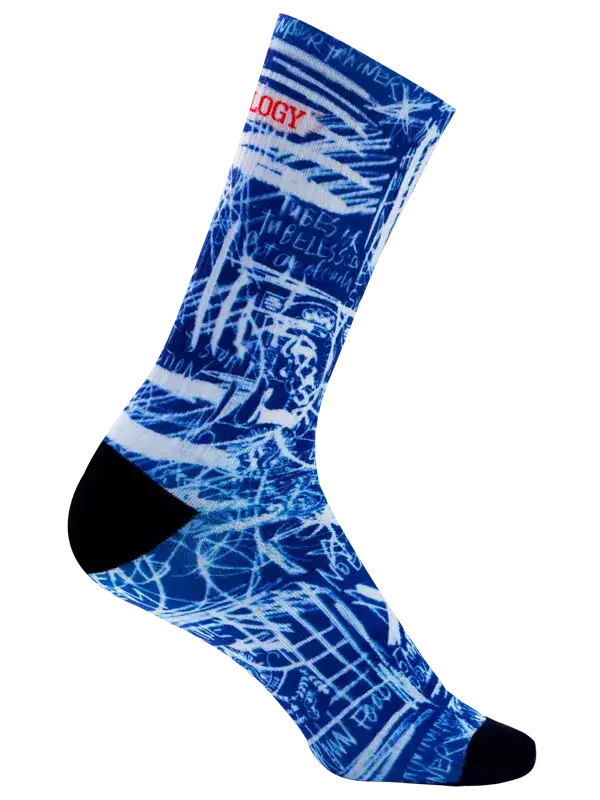 Blue cycling sock with white sketch design and black toe, featuring 'LOGY' text for men's and women's bike wear