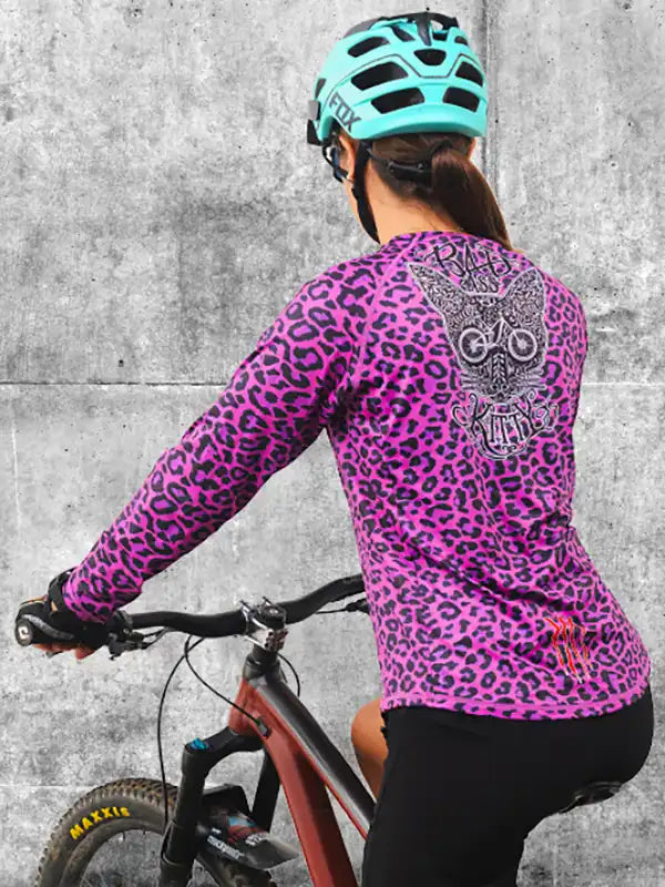 Badass Kitty Women's Long Sleeve Mountain Bike Jersey  Back view on model | Cycology AUS