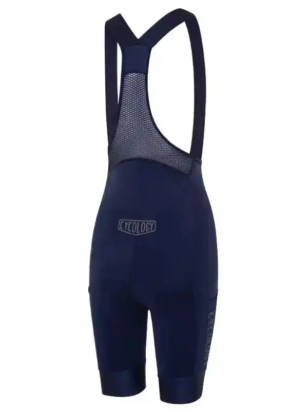 Navy blue women's cycling bib shorts with mesh back panel and brand logo, designed for comfort and performance.