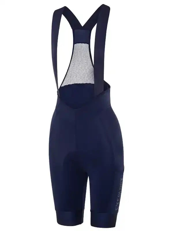 Navy blue women's cycling bib shorts with mesh back panel and ergonomic design for comfort and performance