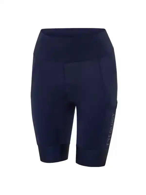 Navy blue women's cycling shorts with padded seat and side logo, designed for comfort and performance.