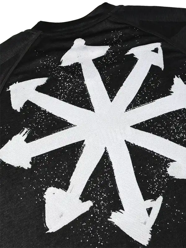 Black cycling jersey with bold white arrow star design, breathable fabric for men's and women's rides