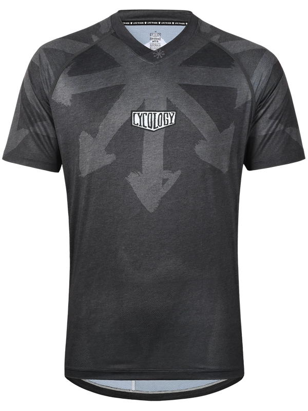 Black MTB short Sleeve Jersey with geometric pattern and logo on front 
