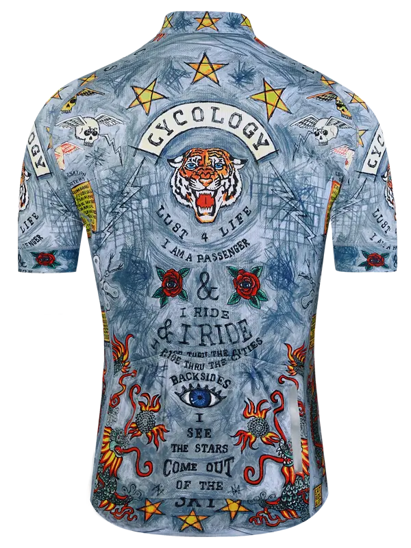 Colorful jersey with graphic designs and text on a white background