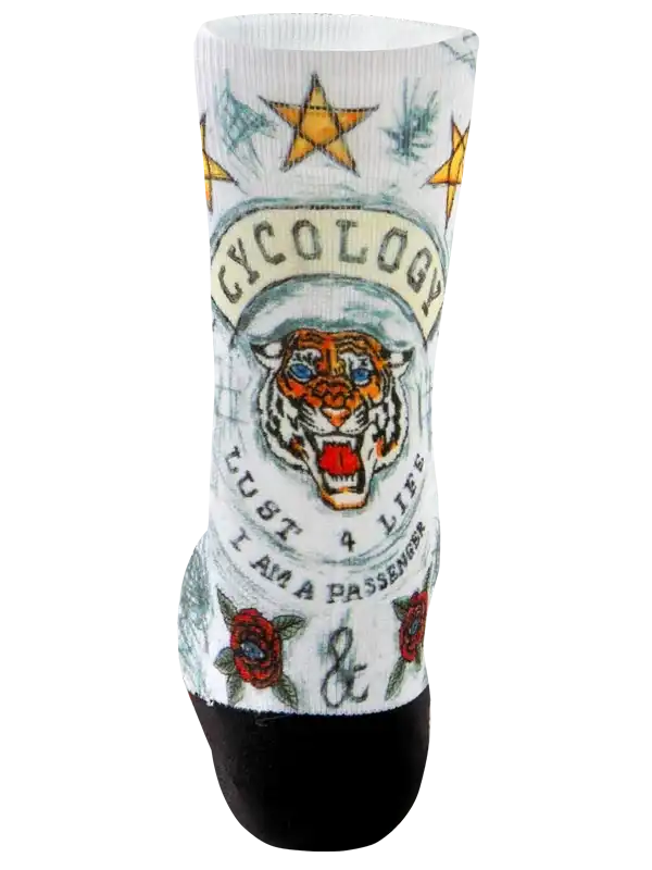 Cycling sock with tiger graphic, stars, and roses, featuring 'Cycology' branding and bold design for riders.