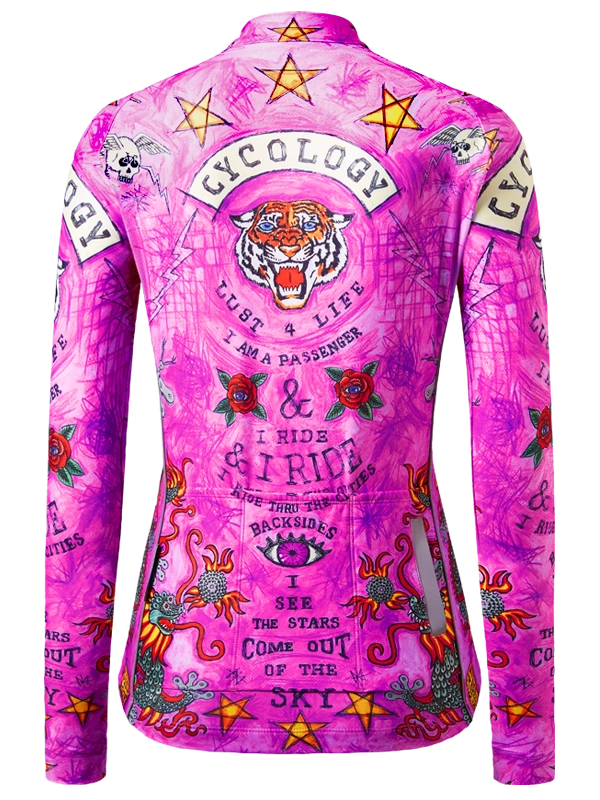 Pink cycling jersey with colorful graphics and text  