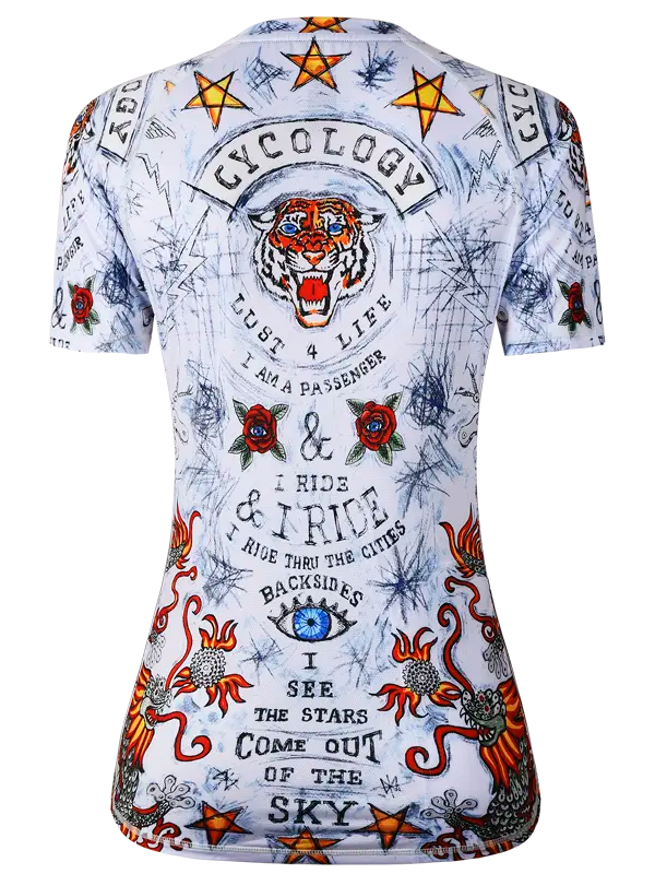  Women's Short Sleeve MTB Jersey with colorful graphics and text 