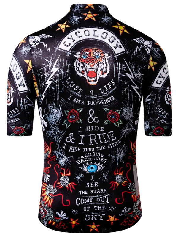 Black cycling jersey with colorful graphics and text, featuring a tiger and various designs.