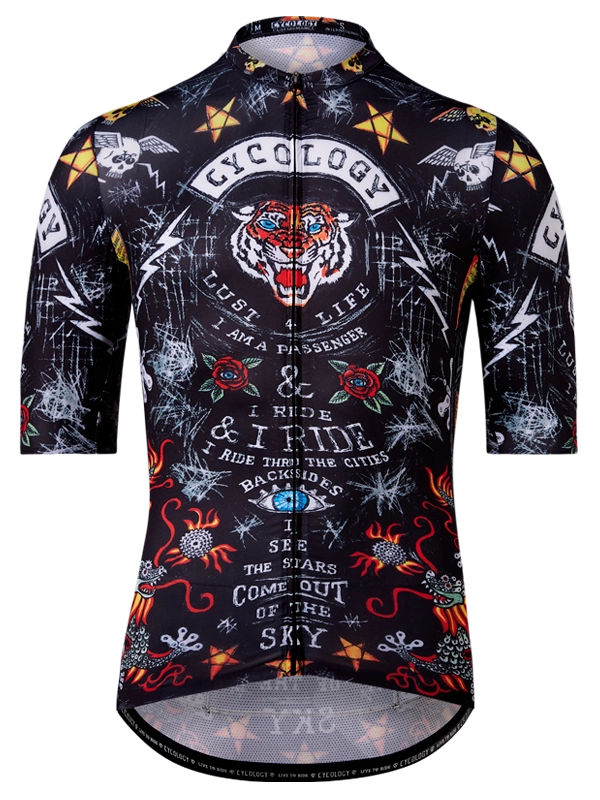 Cycling jersey with intricate designs and text on a black background