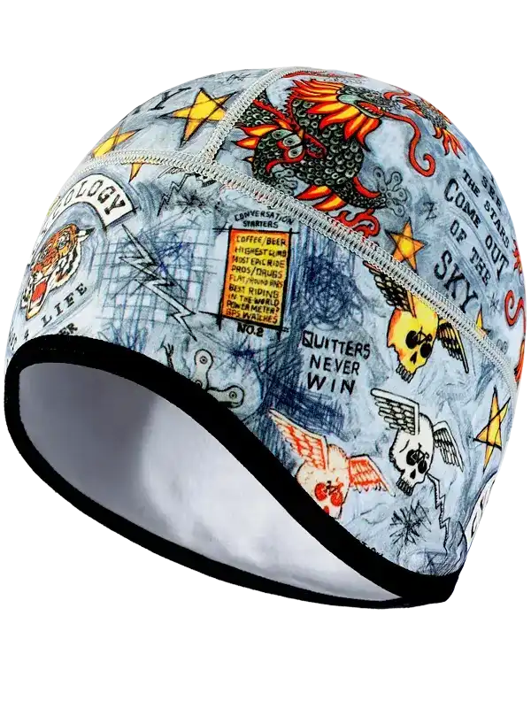 Cycling skull and dragon pattern beanie with motivational quotes, ideal for bike rides and outdoor adventures
