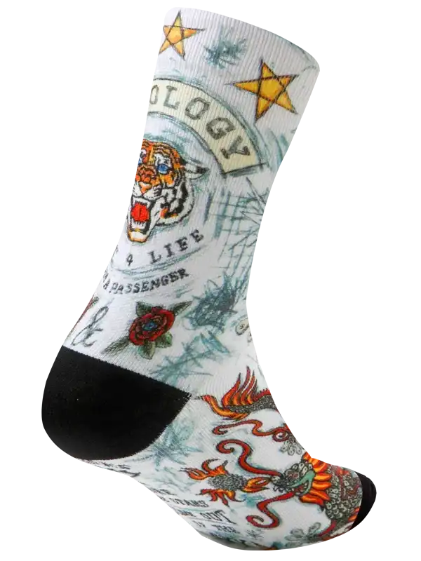 Tattoo-style cycling sock with tiger, dragon, stars, and roses on white background for men and women