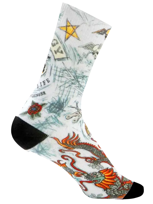 Cycling socks with dragon and star design, ideal for men's and women's bike rides