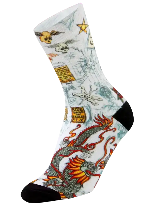 Cycling socks with dragon, skulls, and stars design for men and women