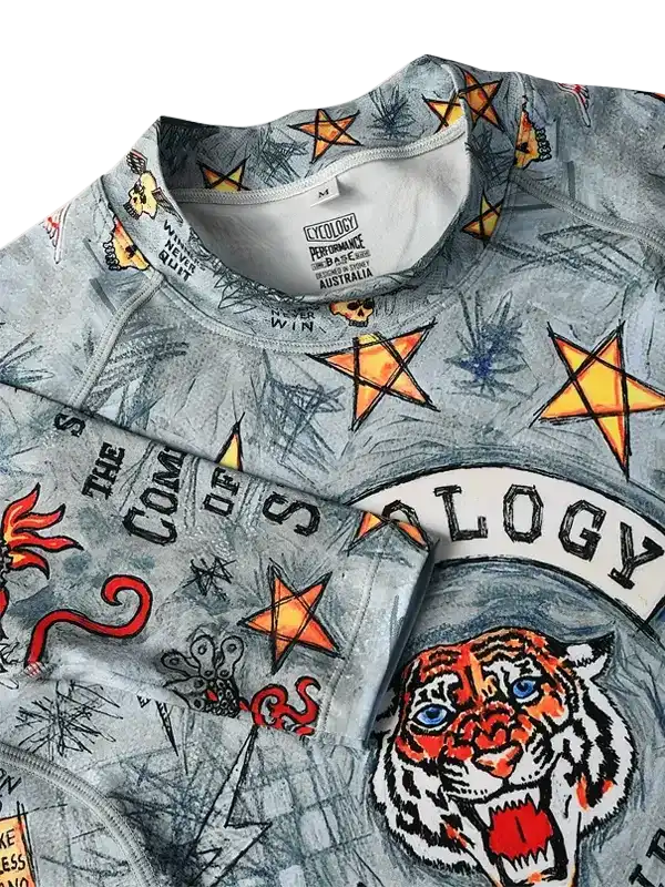 Men's cycling jersey with tiger graphic, stars, and bold print design for performance rides