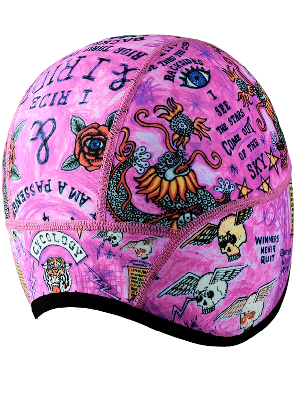 Colorful pink cycling beanie with graphic designs 