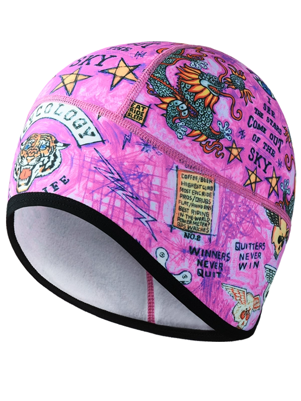 Colorful pink cycling beanie with graphic designs 