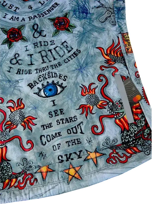 Cycling jersey with bold graphic print, roses, flames, stars, and motivational text for men's & women's rides