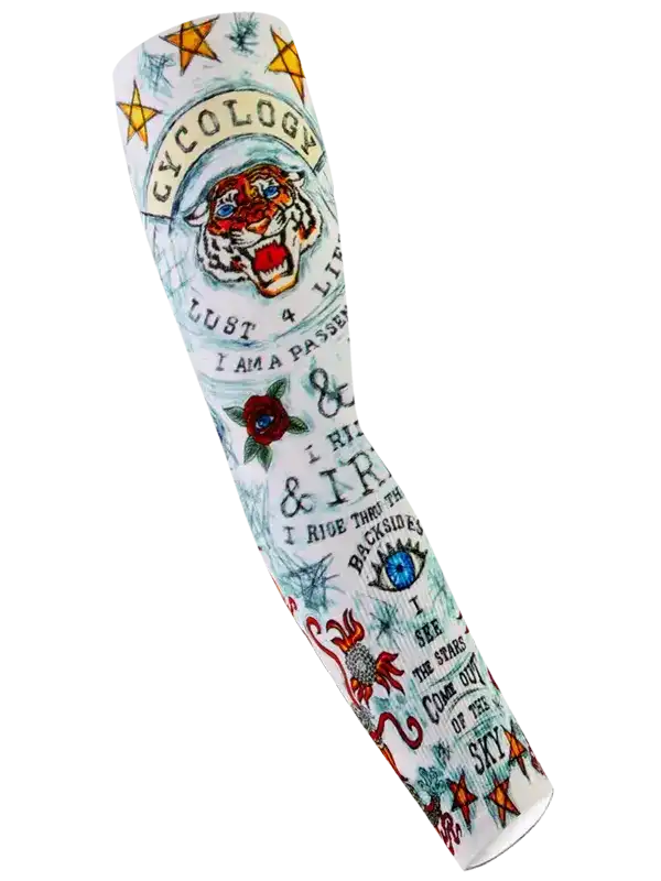 Cycling arm sleeve with tiger, stars, and tattoo-style designs for men and women